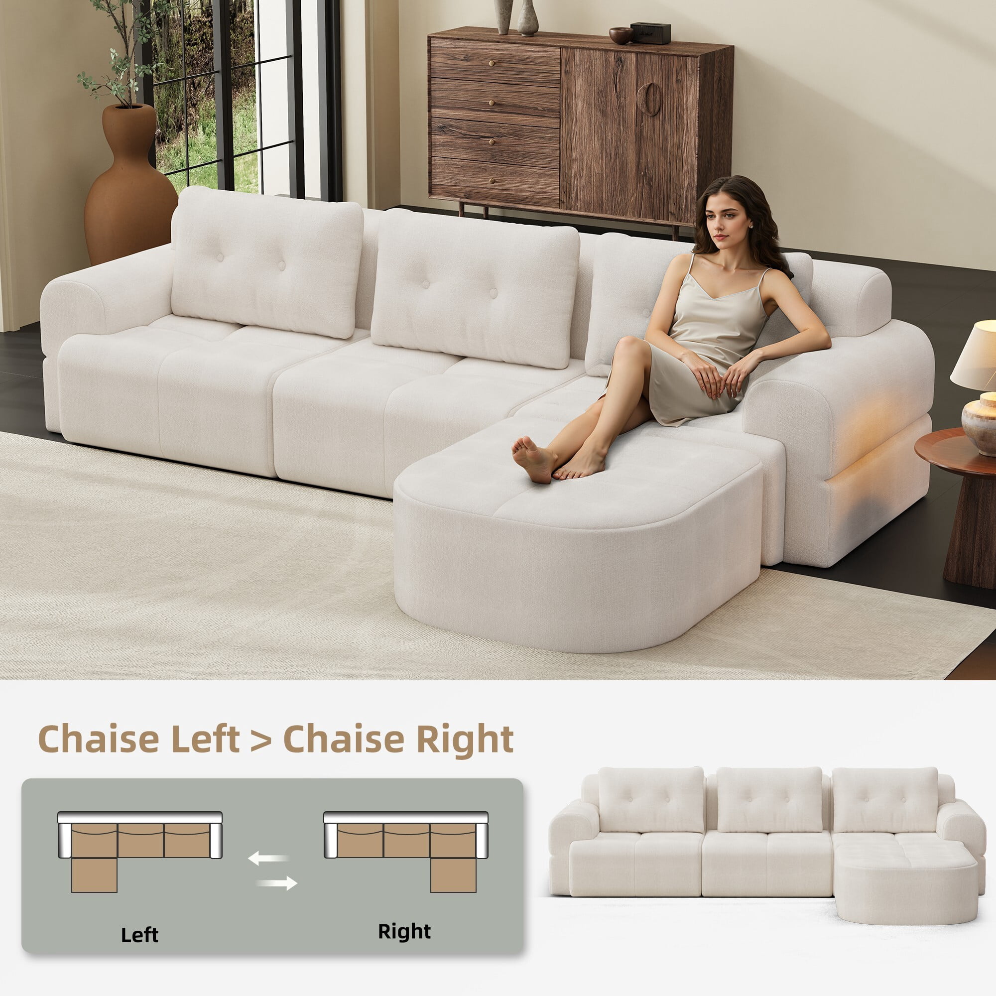 DEALTOPS 112" Modular Sectional Sofa with Ottoman, Full-Foam 3-Seat Convertible Chenille Cloud Couch, Beige