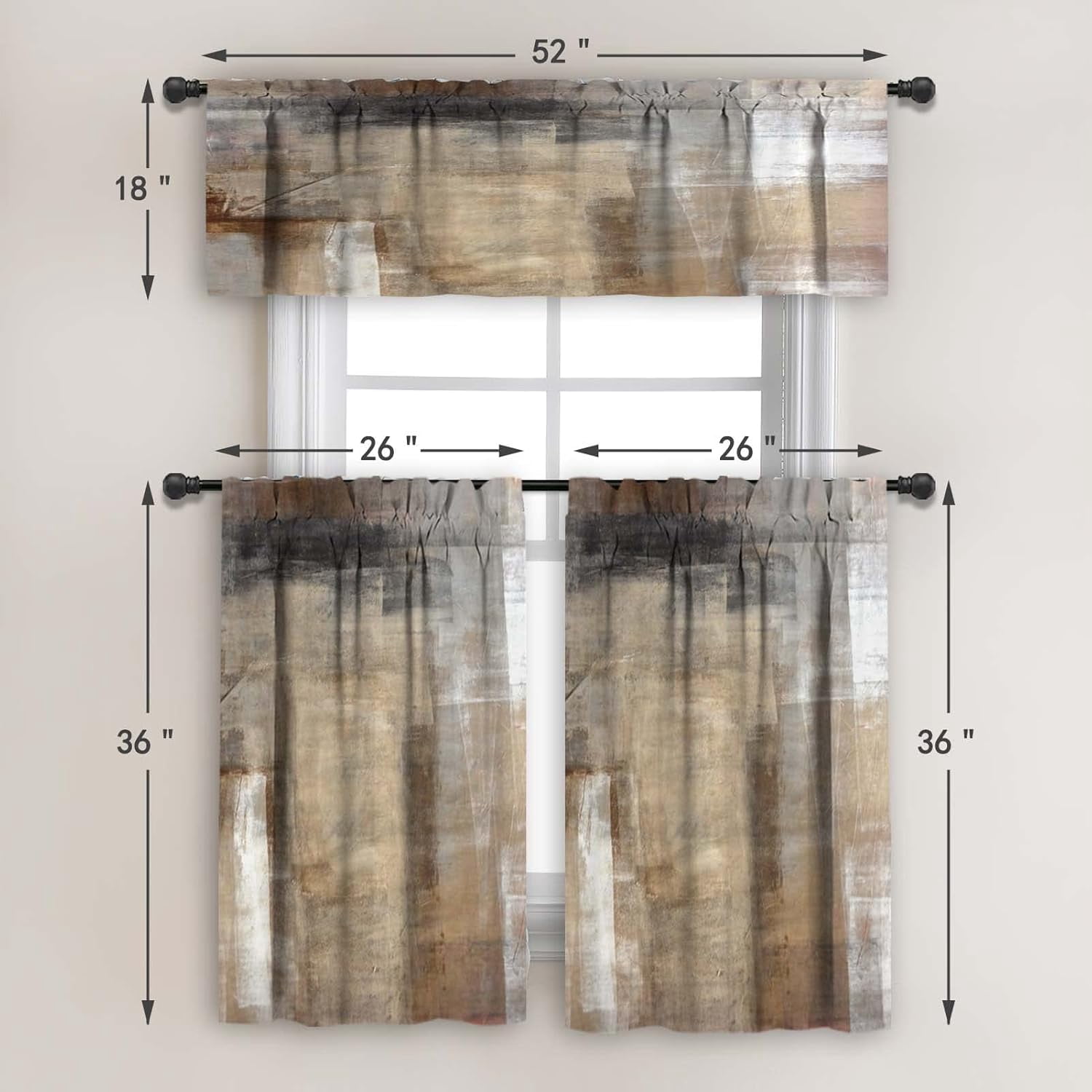 Brown Blackout Kitchen Curtains Tiers and Valances Set 3 Piece for Windows Beige Kitchen Window Curtains Set,Modern Abstract Art Valances for Living Room(36" Tiers Set)