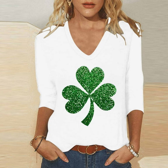 Fartey Plus Size St Patricks Day Shirts for Women Fashion Elegant 3/4 Sleeve V-Neck T Shirts Slim Fit Tunic Tops Funny Shamrock Graphic Tees White S-5XL