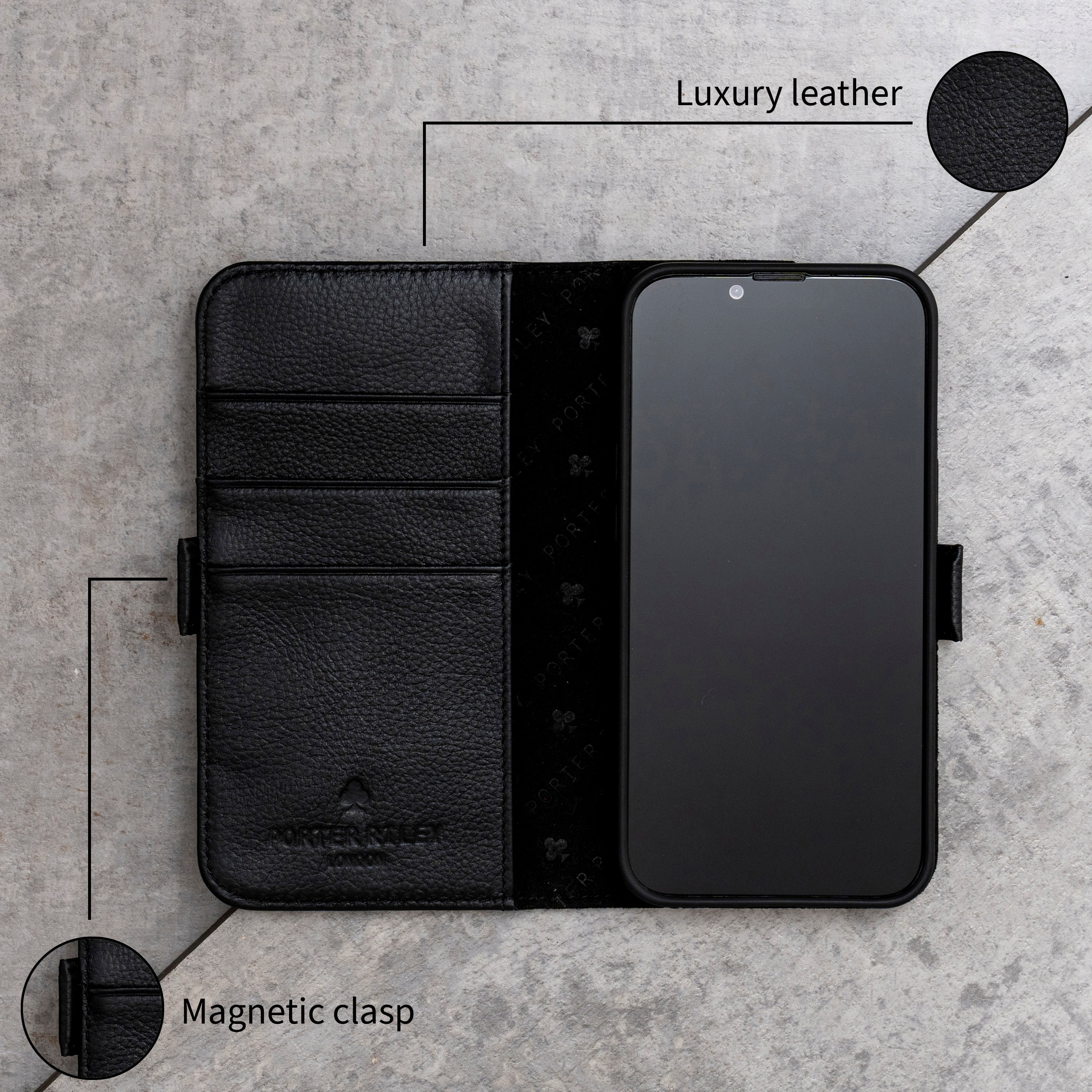 PORTER RILEY - Leather Case for iPhone 16 Pro. Premium Genuine Leather Stand/Cover/Wallet/Flip Case