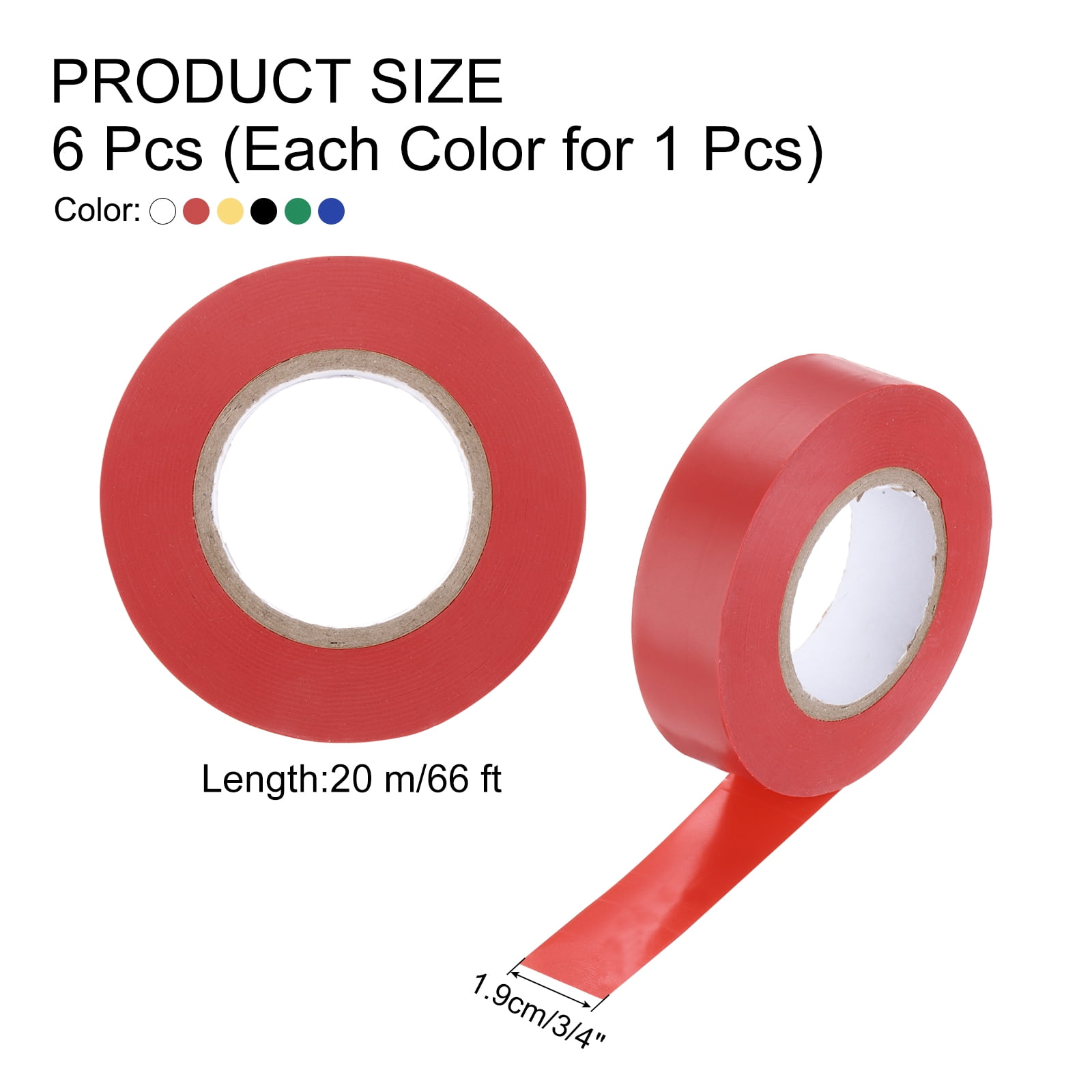 Uxcell Electrical Tape, 3/4"x66 Ft Adhesive Tape,Red/Yellow/Blue/Green/White/Black,6Pcs