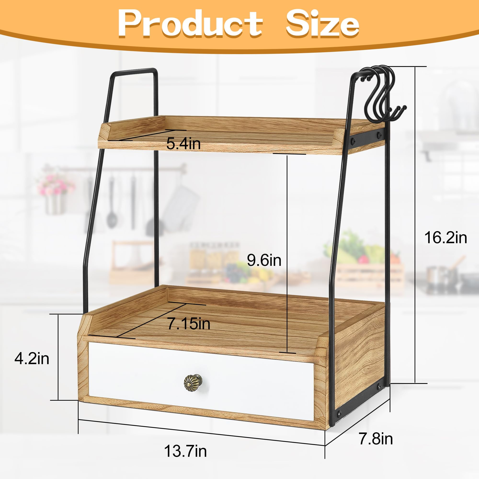 2 Tier Bathroom Counter Organizer with Drawer, Wood Bathroom Storage Shelf Counter for Cosmetic Vanity Tray Kitchen Spice Rack Coffee Station Organizer, Bathroom Decor