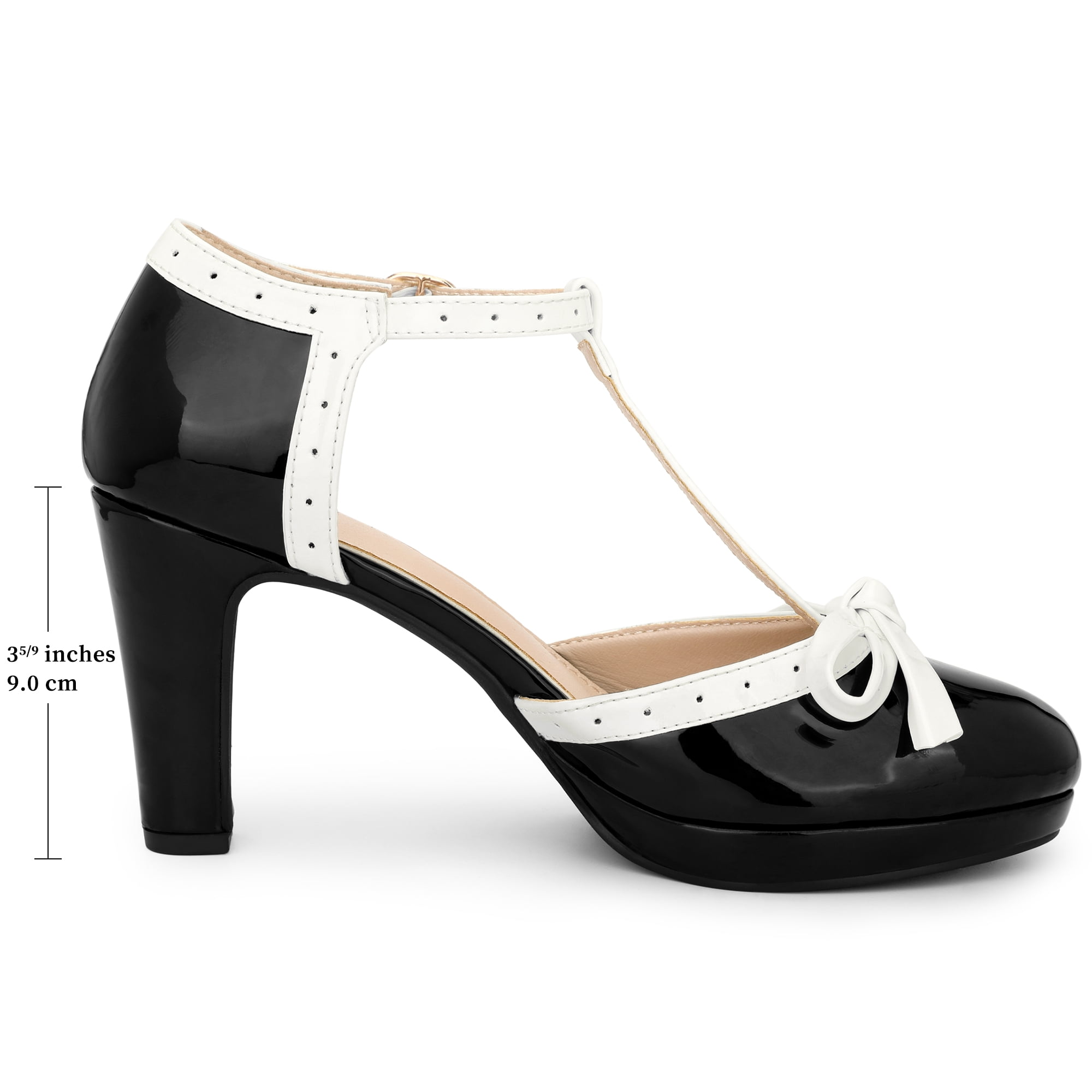 DARING DIVA Women's Bow Platform T-Strap Block High Heel Pumps Black 6