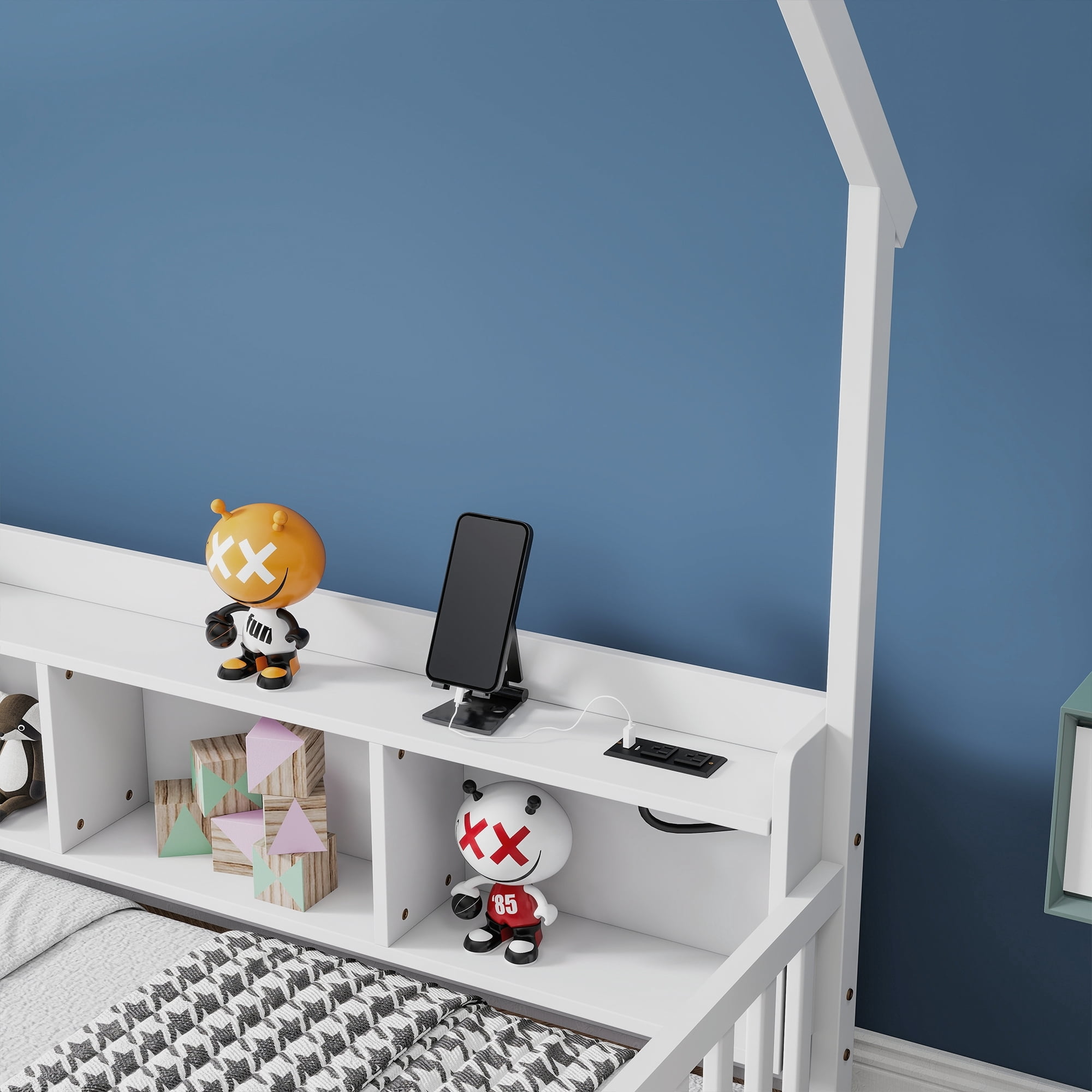 Leumius Full Size House Floor Bed with Storage Shelves,Built-in LED Lights & Charging Station,Pine Wood Floor Bed Frame with Safety Guardrails for Kids Bedroom White
