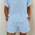 thumbnail image 5 of Gamivast 2 Piece Summer Outfits for Women Casual Linen Textured Short Sleeve Top and Drawstring Shorts Set Loose Fit Matching Lounge Sweatsuits Vacation Streetwear Pajamas Blue XXXL, 5 of 7