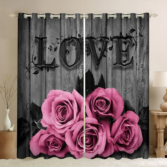 Erosebridal Pink Rose Curtains Pink Grey Floral Window Curtains 42"Wx63"L Valentine'S Day Wedding Window Curtains Women Blossom Flower Window Treatments 2 Panels Rustic Farmhouse Room Decor