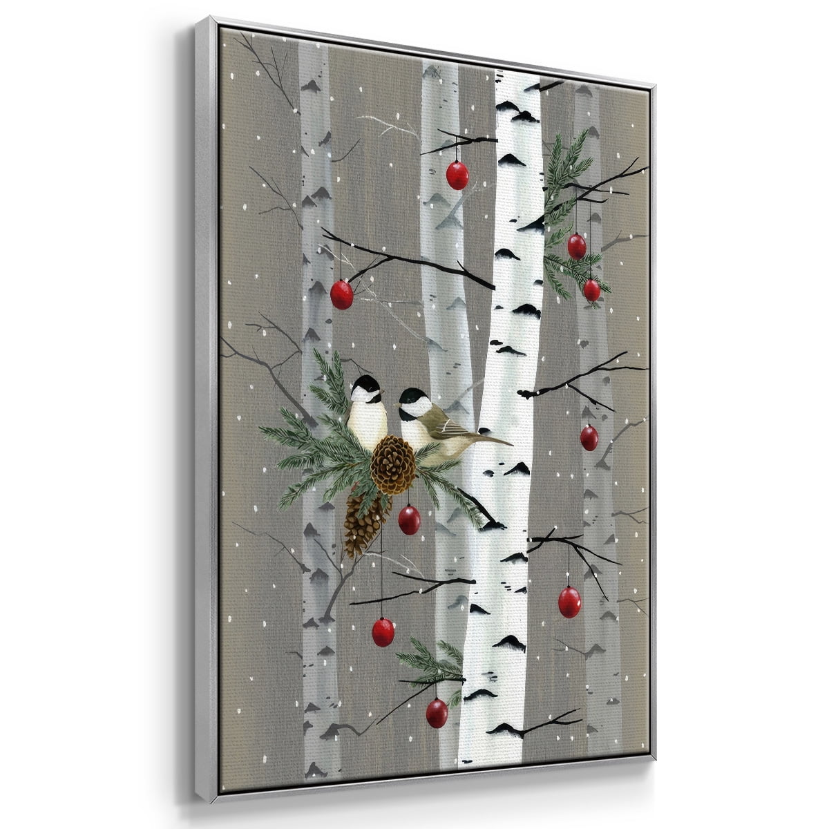 Birch Birds II - Framed Gallery Wrapped Holiday Canvas - 17 x 25 - Silver Frame