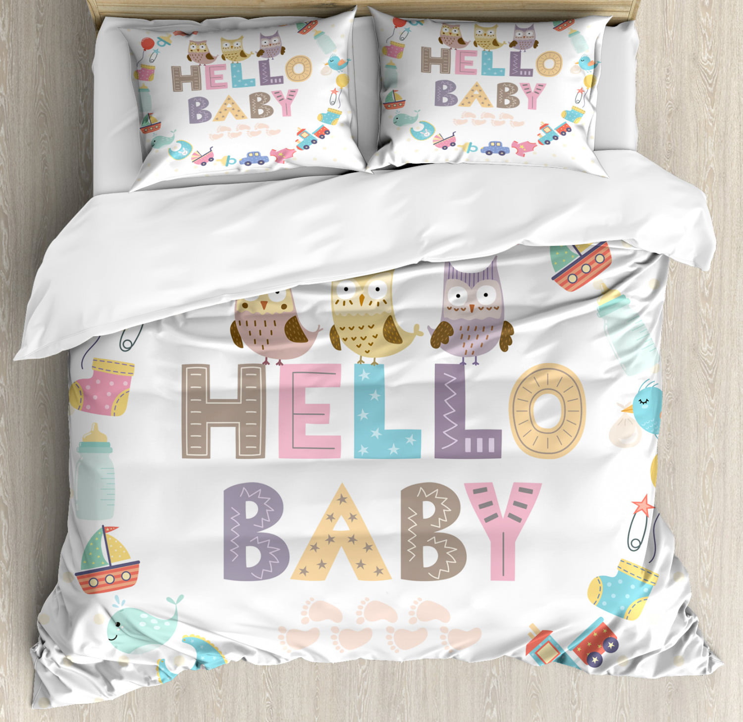 Baby Shower King Size Duvet Cover Set, Hello Baby Quote with Kids Elements  and Funny Owl Birds Welcome Newborn Party, Decorative 3 Piece Bedding Set  with 2 Pillow Shams, Multicolor, by Ambesonne -