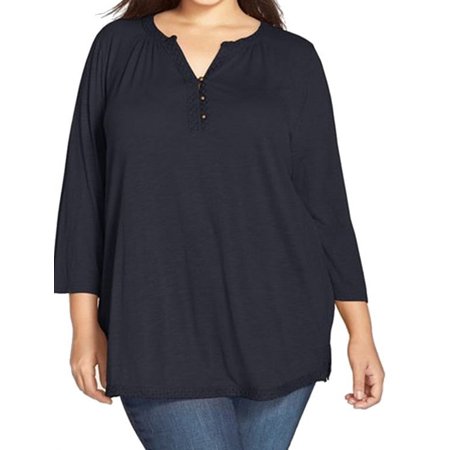 Lucky Brand NEW Navy Blue Women's Size 1X Plus Solid Henley Blouse