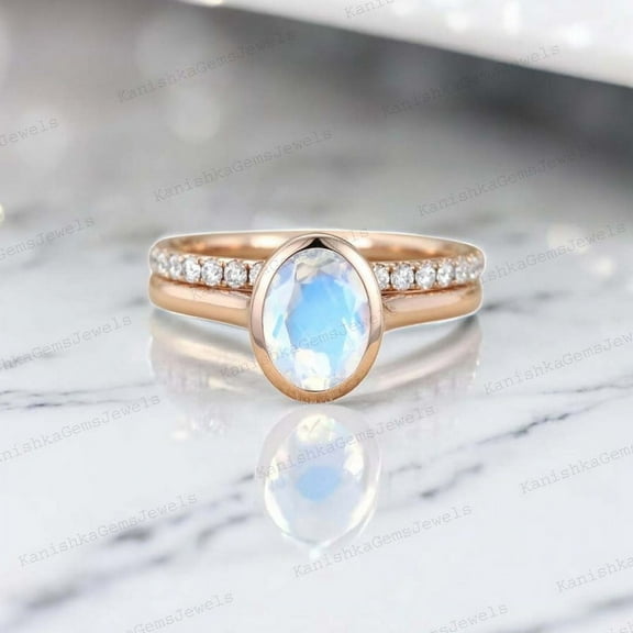 KANISHKAGEMS&JEWELS 8x6MM / 2MM Natural Moonstone Engagement Ring Set Oval Cut Rose Gold Jewelry CZ Diamond Proposal Band Valentine's Day Gift For Lover