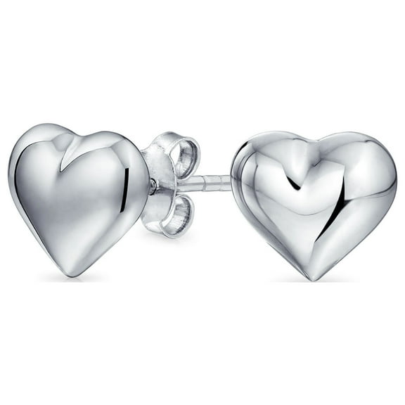 Bling Jewelry Womens Small Heart Shaped Puffed Stud Earrings for Girlfriend, Sterling Silver 8MM