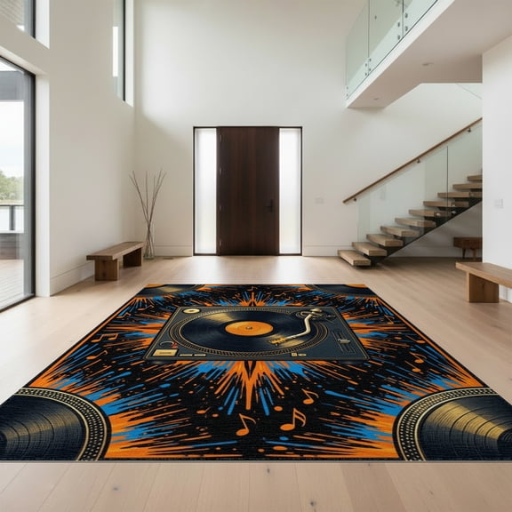 Design&I 8'x10' Washable Area Rug Snag-Free Record Vinyl Phonograph Player Featuring Musical Motifs Retro for Dining Room, Large Office, Lounge
