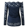 thumbnail image 4 of Women Summer Tops Women's Blouses And Shirts For Women UK Fashion Strapless Lace One Neck Long Sleeve Hollow Lace T Shirts Tops Tunic Blouses for Dressy Fall Formal Woven Blouse Navy XL, 4 of 5