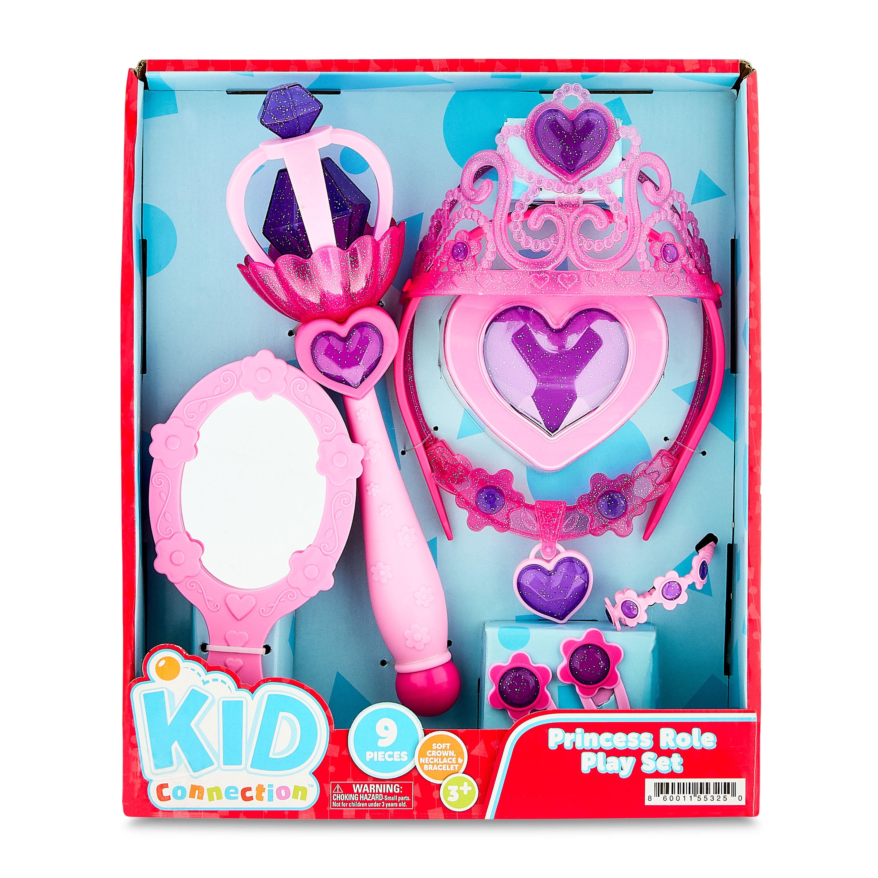 Kid Connection Princess Crown and Jewelry Playset, 9 Pieces, Pink, Plastic, Age Group 3+, Roleplay