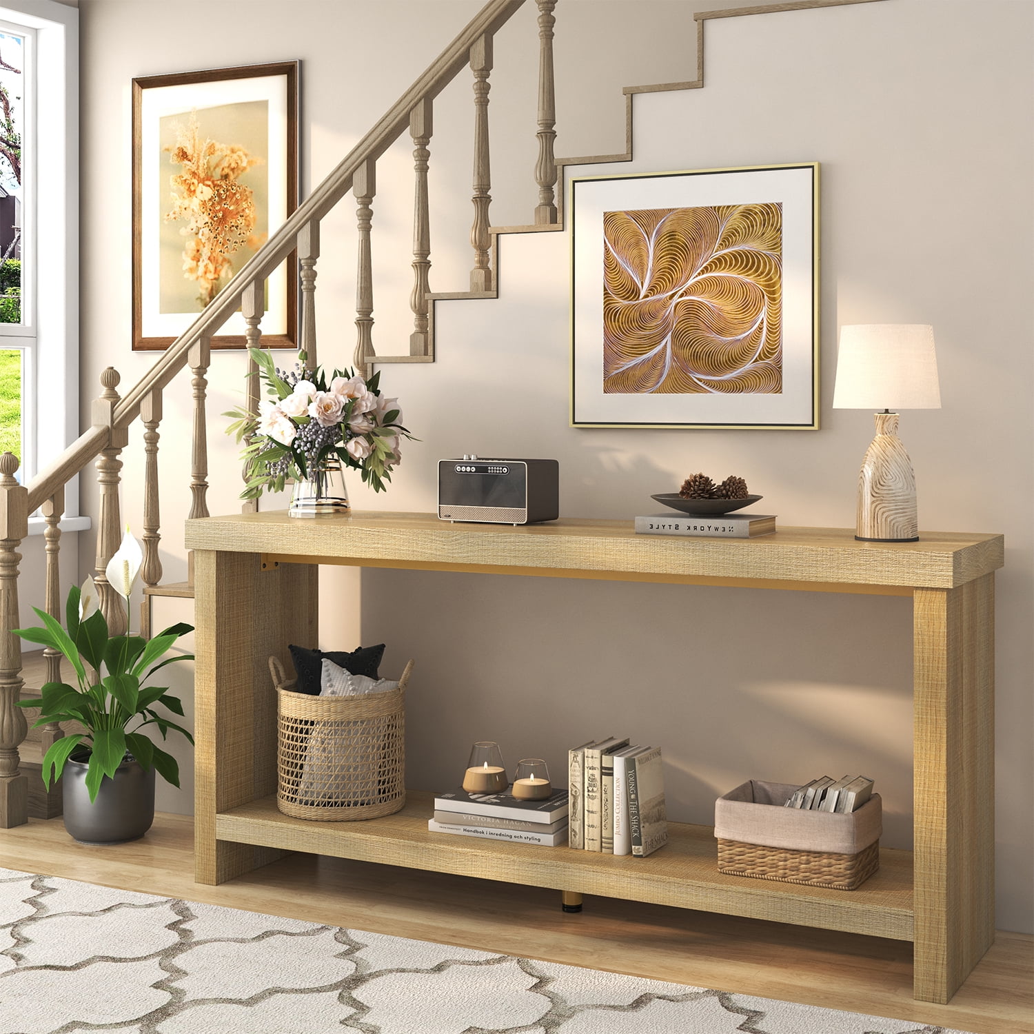 63-inch Long Console Table with 2-Tier Storage Shelves, Narrow Sofa Table Behind Couch, Farmhouse Entryway Table for Hallway & Living Room, Foyer Table in Oak Natural