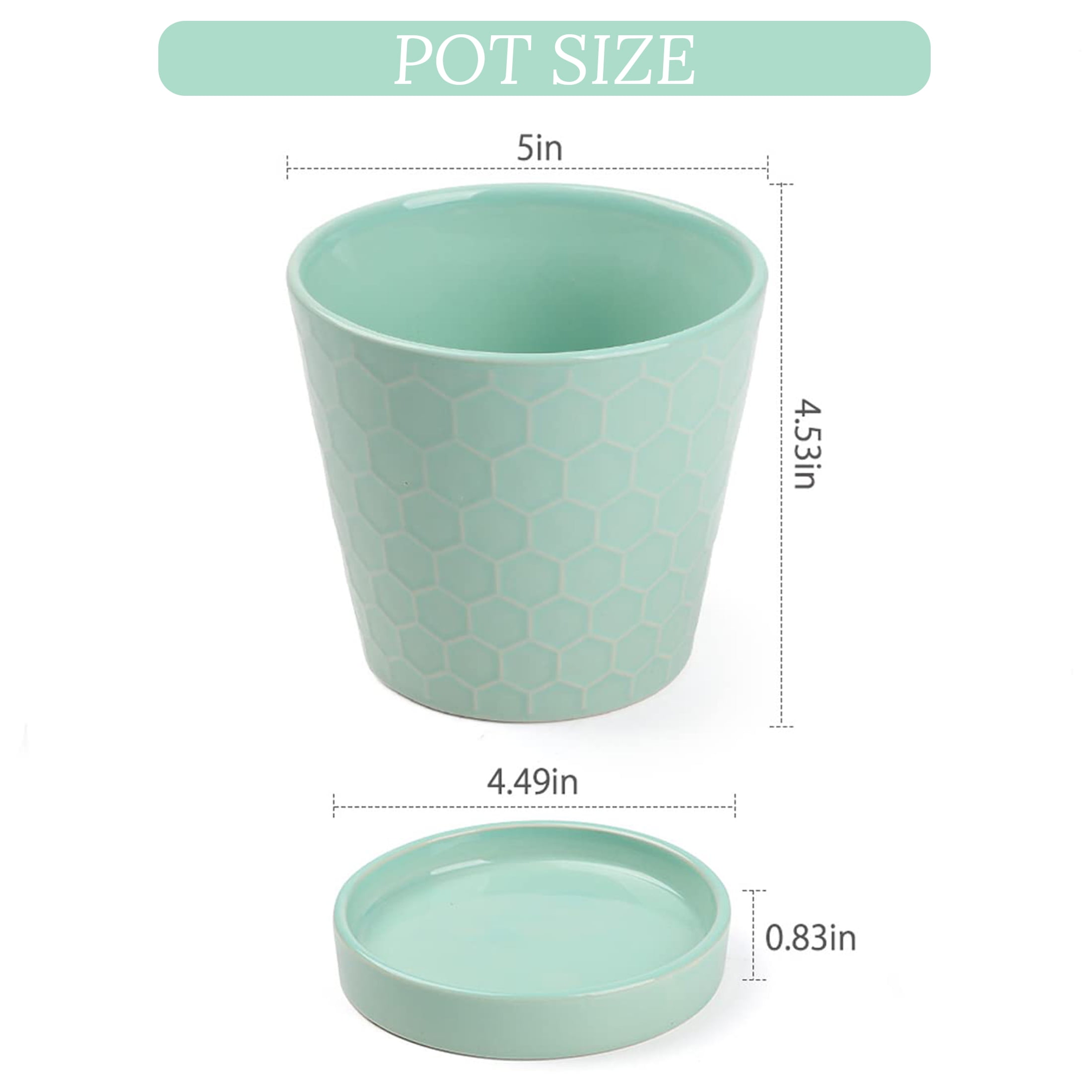 BUYMAX 5" Ceramic plant pots with drainage hole and tray, 4-Pack-1-pattern, gardening home desktop office windowsill decoration， mintgreen flower pots indoor