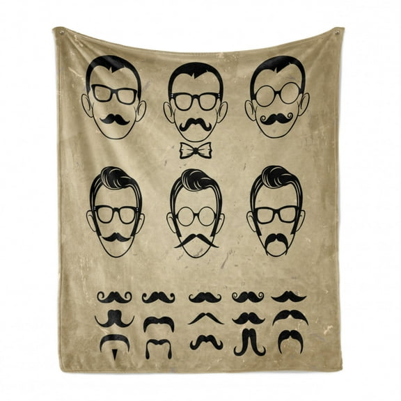 Geek Soft Flannel Fleece Throw Blanket, Male Face Silhouettes Showing Types of Moustaches and Haircuts Image, Cozy Plush for Indoor and Outdoor Use, 60" x 80", Eggshell Beige and Black, by Ambesonne