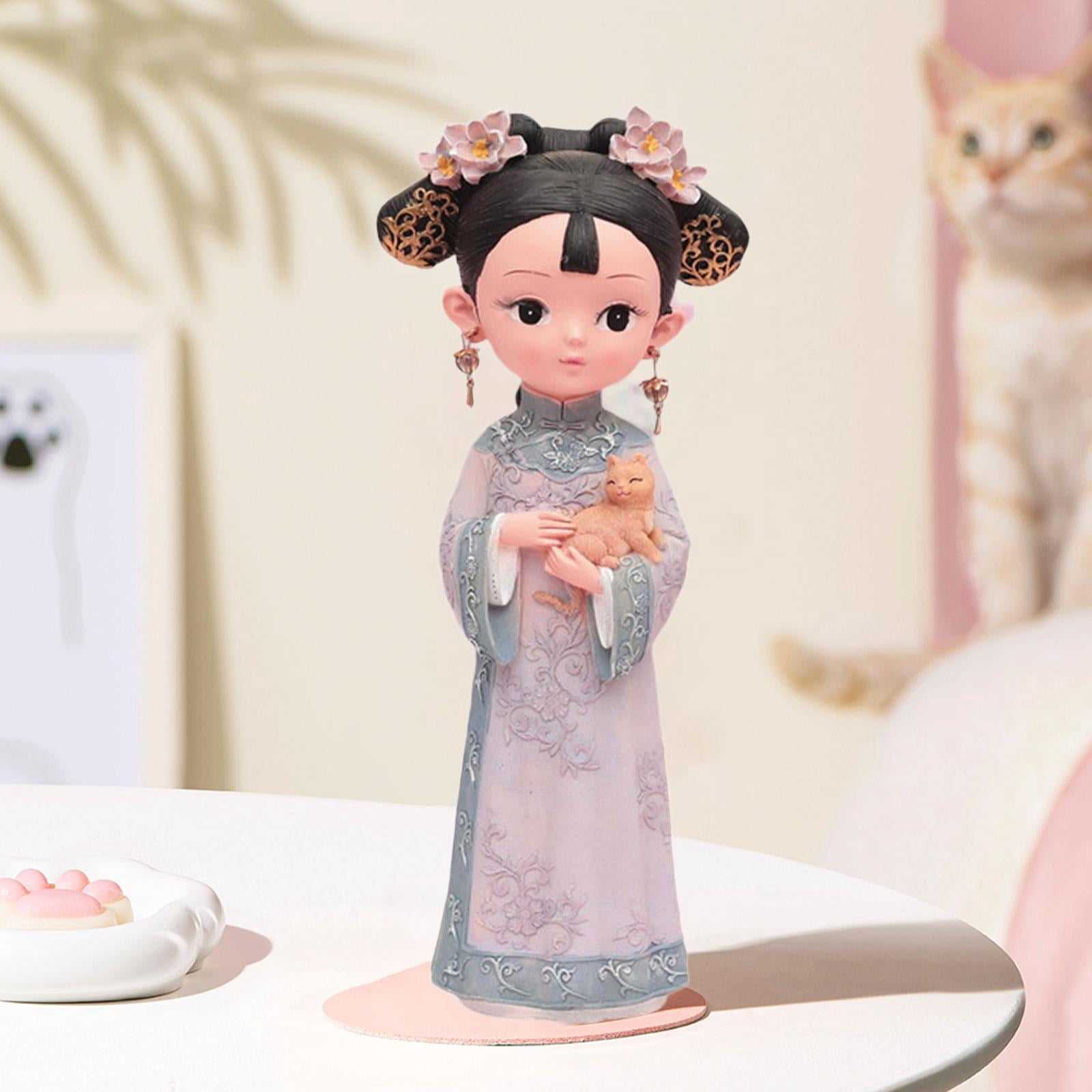 WLPZXP Girl Resin Statue Desktop Doll Toy Hanfu Dress Decoraitve Miniature Figurine for 12x8x22cm Cat