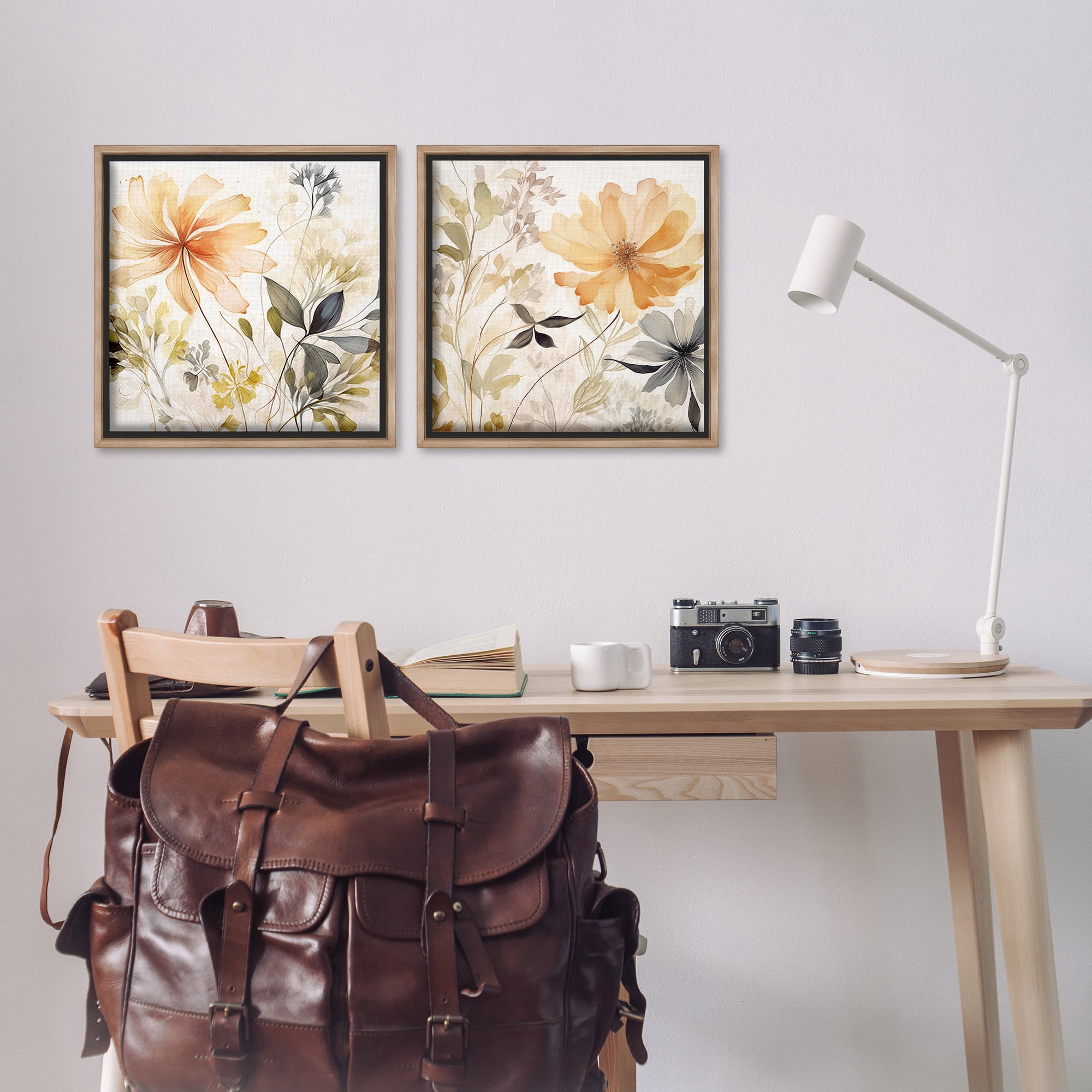 Stupell Industries Muted Cottage Flowers Botanical & Floral Painting Brown Floater Framed Canvas Art Print Wall Art, 18 x 18, Set of 2