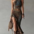 thumbnail image 4 of Morttic Women's Sexy One Shoulder Ruched Bodycon Maxi Dress – High Slit, Ruffle Hem, Vintage Boho Vacation Outfit Multicolor，S, 4 of 5