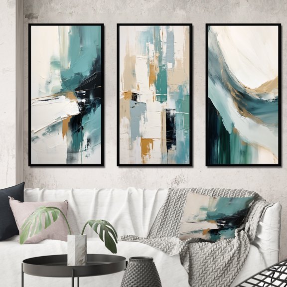 Designart "Vintage Solitude Blue Abstract Painting V" Abstract Painting Framed Wall Art Set Of 3 - White Modern Frame Canvas Set For Living Room Decor