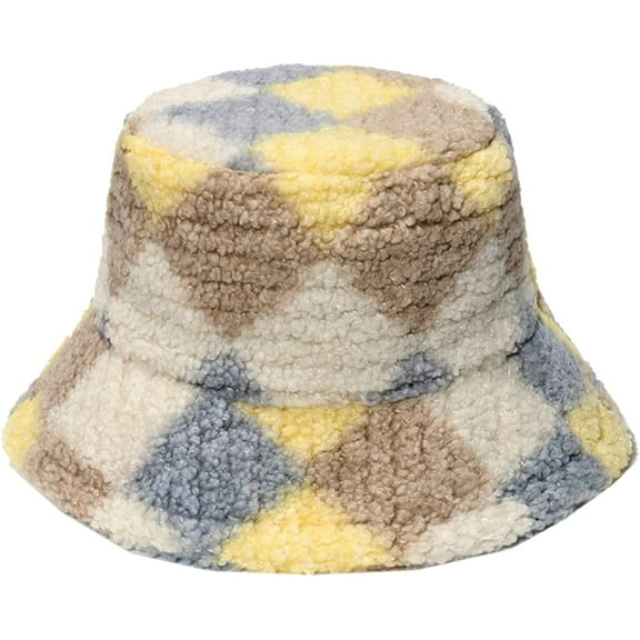 CoCopeaunts British Style Bucket Hat for Men Colorful Geometric Plaid Fleece Lambs Wool Winter Outdoor Warm Fisherman Hats