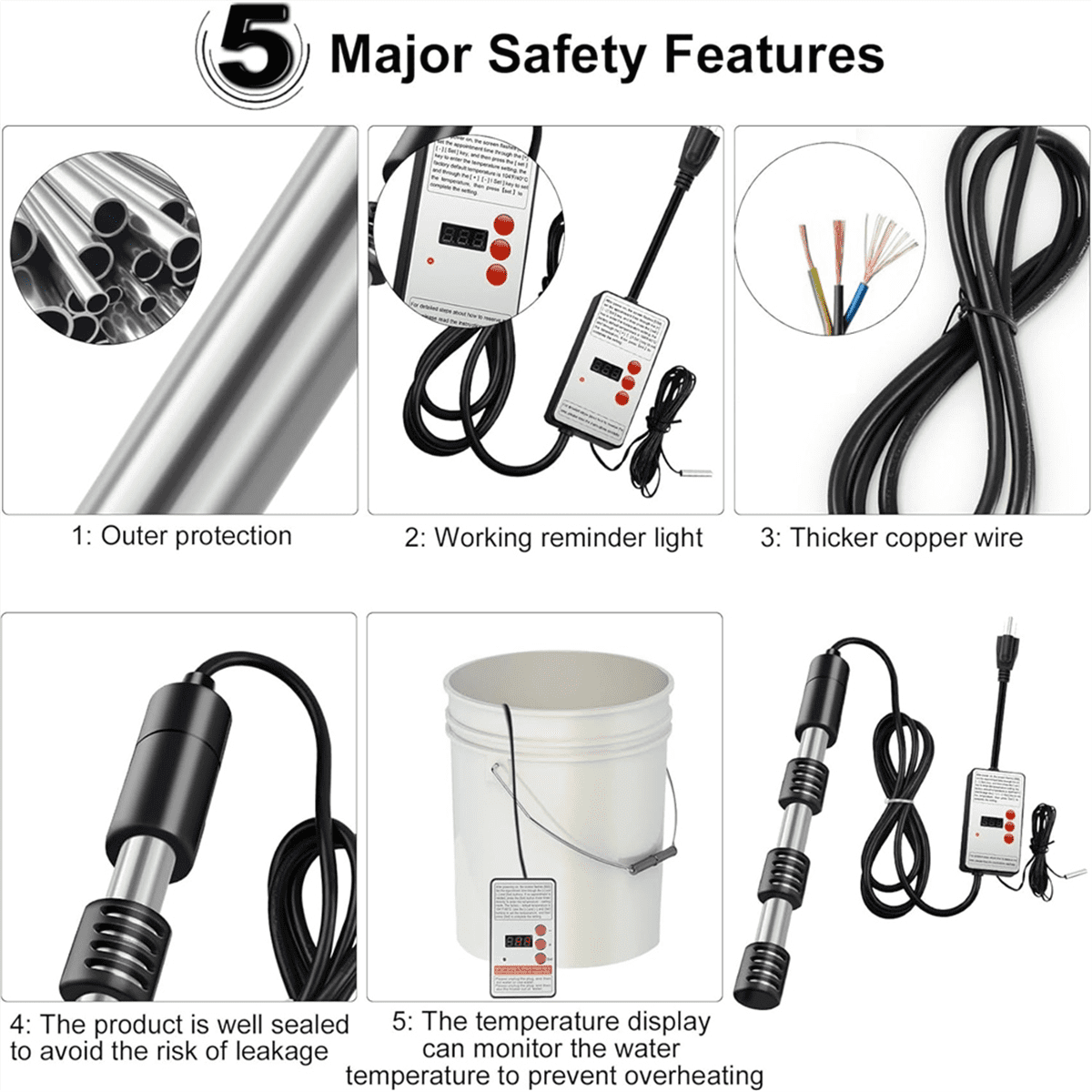 Immersion Water Heater,1500W Portable Electric Stainless Heaters with Guard Cover, for Pool Bathtub US Plug 1500W