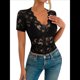 thumbnail image 1 of Tops Cortos de Encaje de Corta con Cuello en V para Mujer, Camiseta de Transparente de Corte Entallado, Atuendo de Verano Y2K Negro XXL, 1 of 6