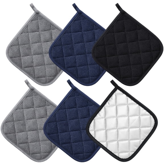 Topekada 6 PCS Cotton Pot Holders for Kitchen, Heat Resistant Hot Pads, Square Potholders Set Oven Mitts Trivets Black Blue Grey Kitchen Accessories