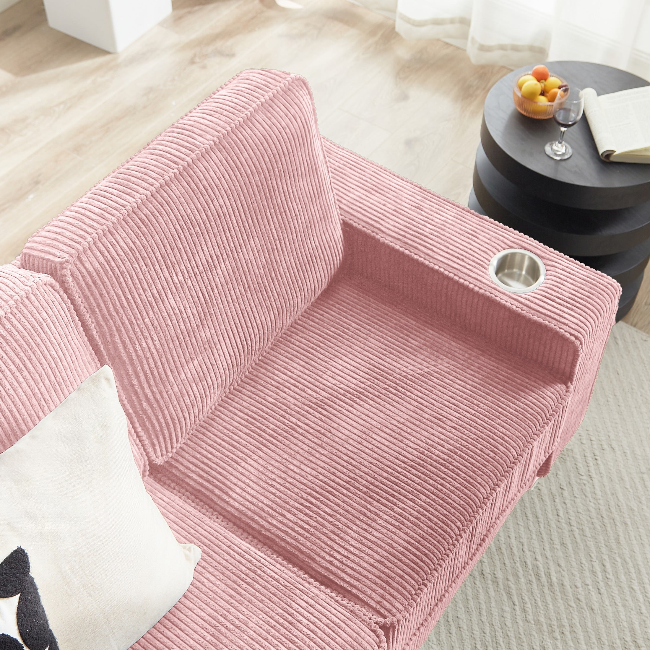Aukfa 84" Corduroy Sofa with Cup Holders, Modern 3-Seater Fabric Couch for Living Room, Pink