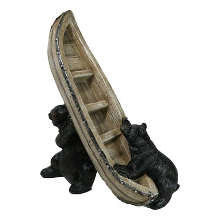 Western Rustic Forest Black Bears Moving A Canoe Boat To The River Figurine