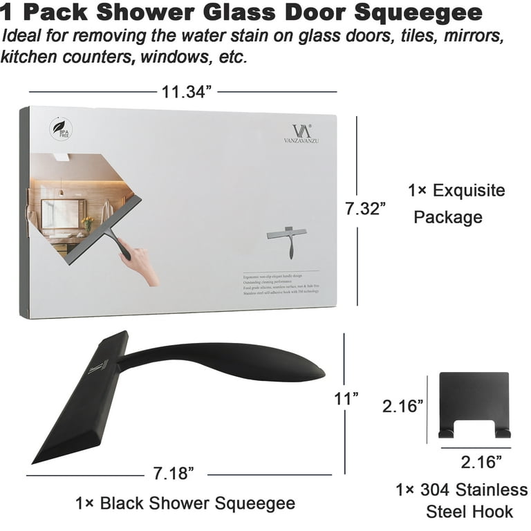 Shower Squeegee Stainless Steel with Shower Door Hook and Adhesive Hook Glass Squeegee Bathroom for Doors, Bathroom, Windows, Kitchen, Mirror with