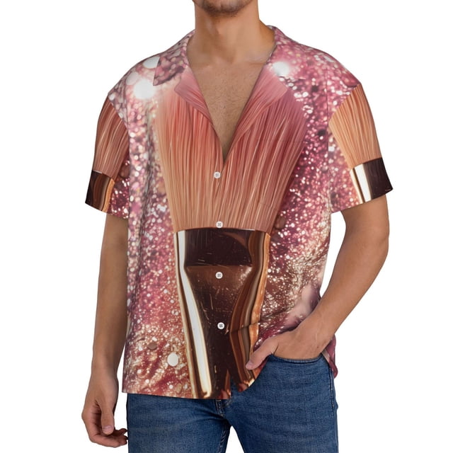 Balery Makeup Brush on Pink Glitter Camisa Casual de Manga Corta con Botones para Hombre, Texturizada, Estilo Cubano, para Playa, Verano-Medium