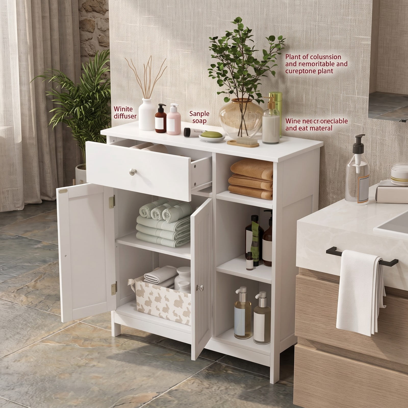 ALPULON Bathroom Floor Storage Cabinet with Drawer and 3 Open Compartments, Freestanding MDF Organizer Cabinet with Adjustable Shelf and Anti-Tip Device for, White
