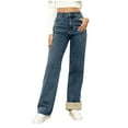 thumbnail image 4 of adviicd Winter Wide Leg Fleece Lined Jeans for Women Casual High Waisted Strechy Straight Leg Loose Tummy Control Denim Pants with Pocket (Blue, XL), 4 of 7