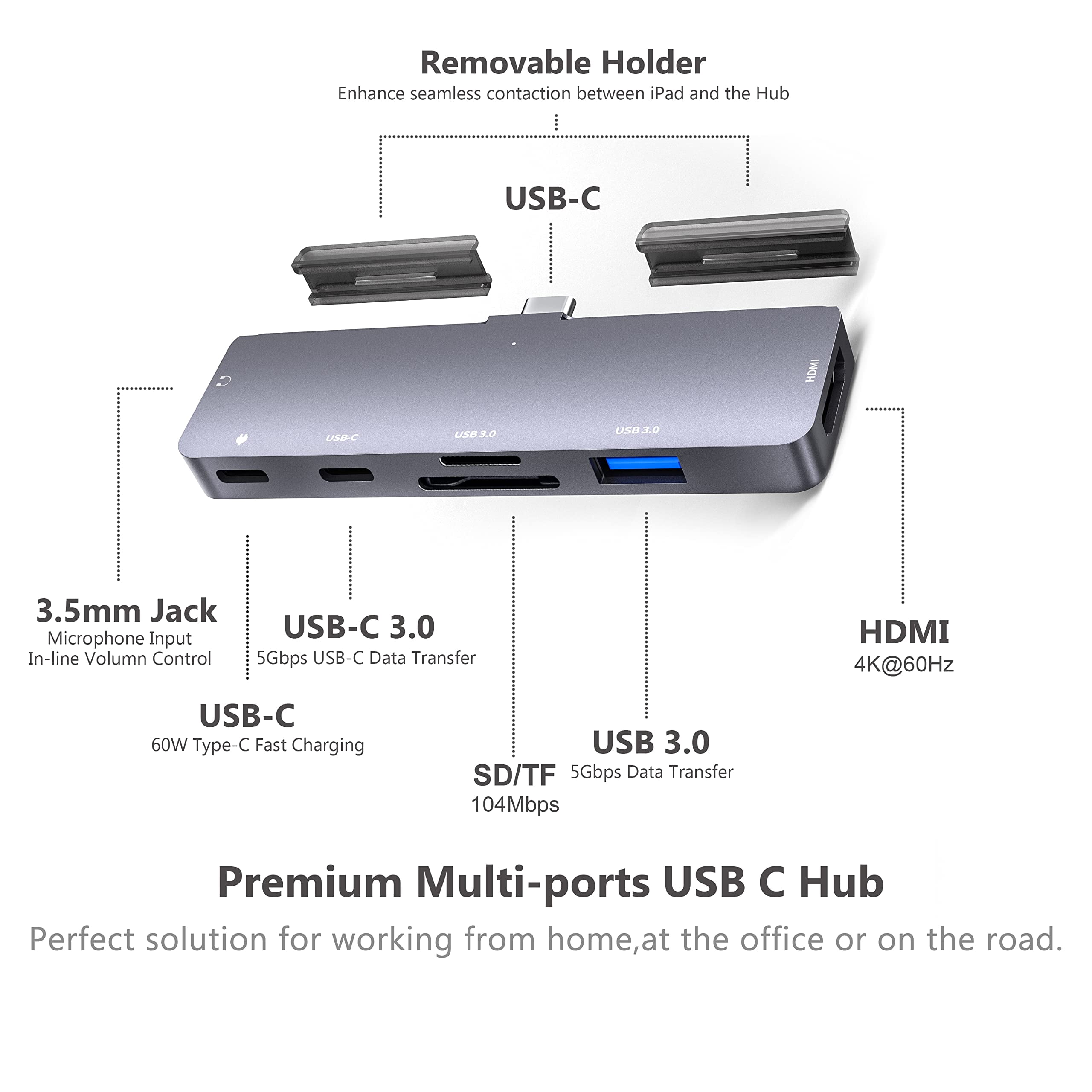 GKEAPZA iPad Pro USB C Hub Adapter for iPad Pro M4 M2 M1 2024,7-in-1 Hub with 4K@60Hz HDMI,3.5mm Jack,USB3.0,PD 60W,SD/TF Card Slot,iPad Air 4/5,iPad Mini 6,iPad Accessories