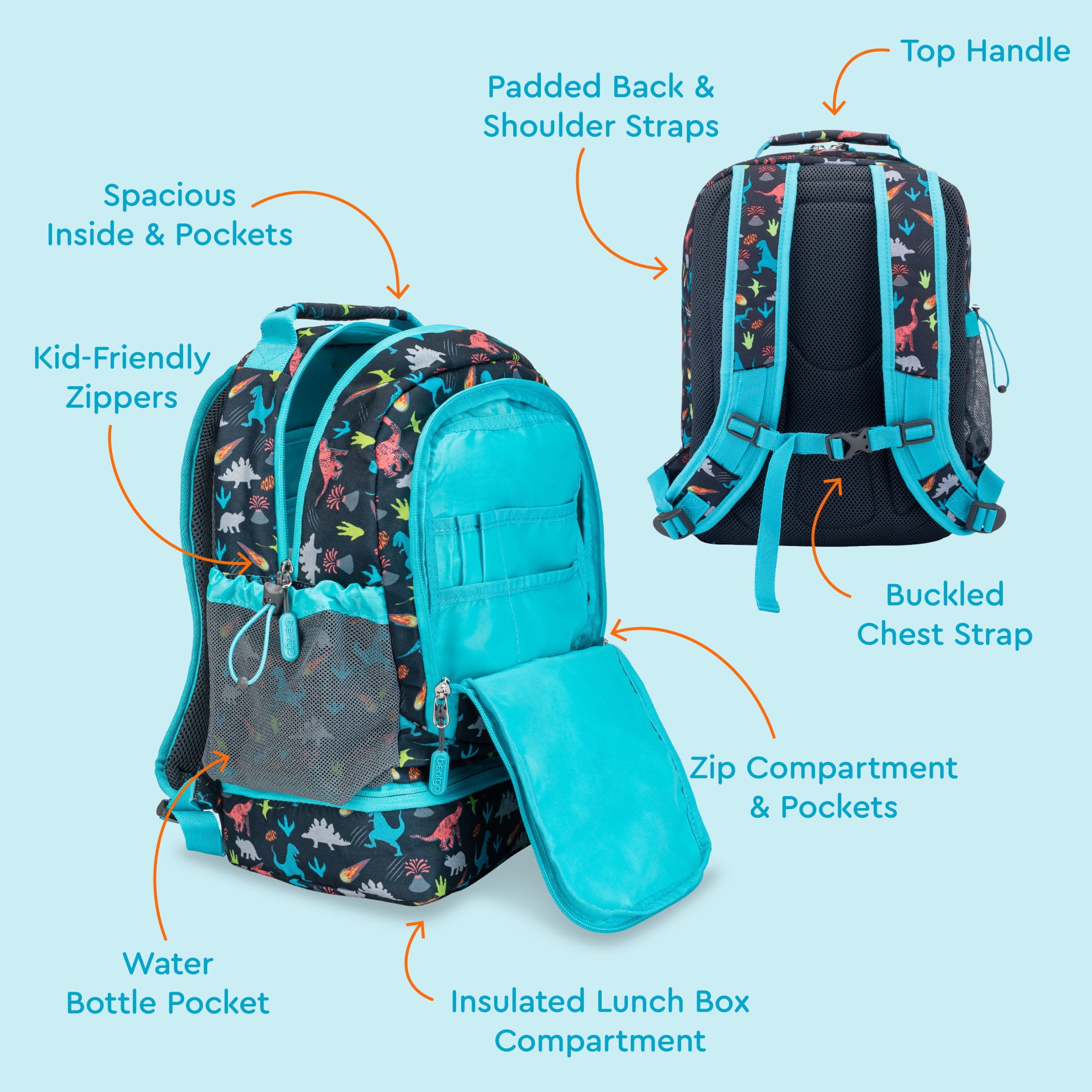 Bentgo Kids 2-in-1 Backpack & Insulated Lunch Bag - Durable 16” Backpack & Lunch Container in Unique Prints for School & Travel - Water Resistant, Padded & Large Compartments (Dinosaur)
