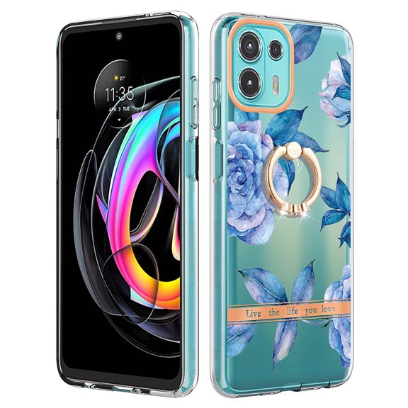 Allytech for Moto Edge 20 Lite/ Moto Edge 20 Fusion Case with Ring Holder Stand, Slim Shell Floral Series Bumper Anti-Scratch Shockproof Lightweight Phone Case Cover for Girls Women, Blue Flower