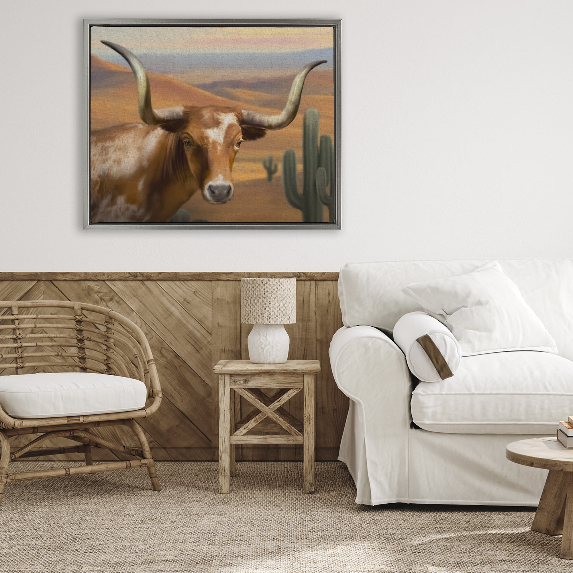 Stupell Industries Longhorn Western Landscape Gray Framed Floater Canvas Wall Art, design by Matthew Piotrowicz