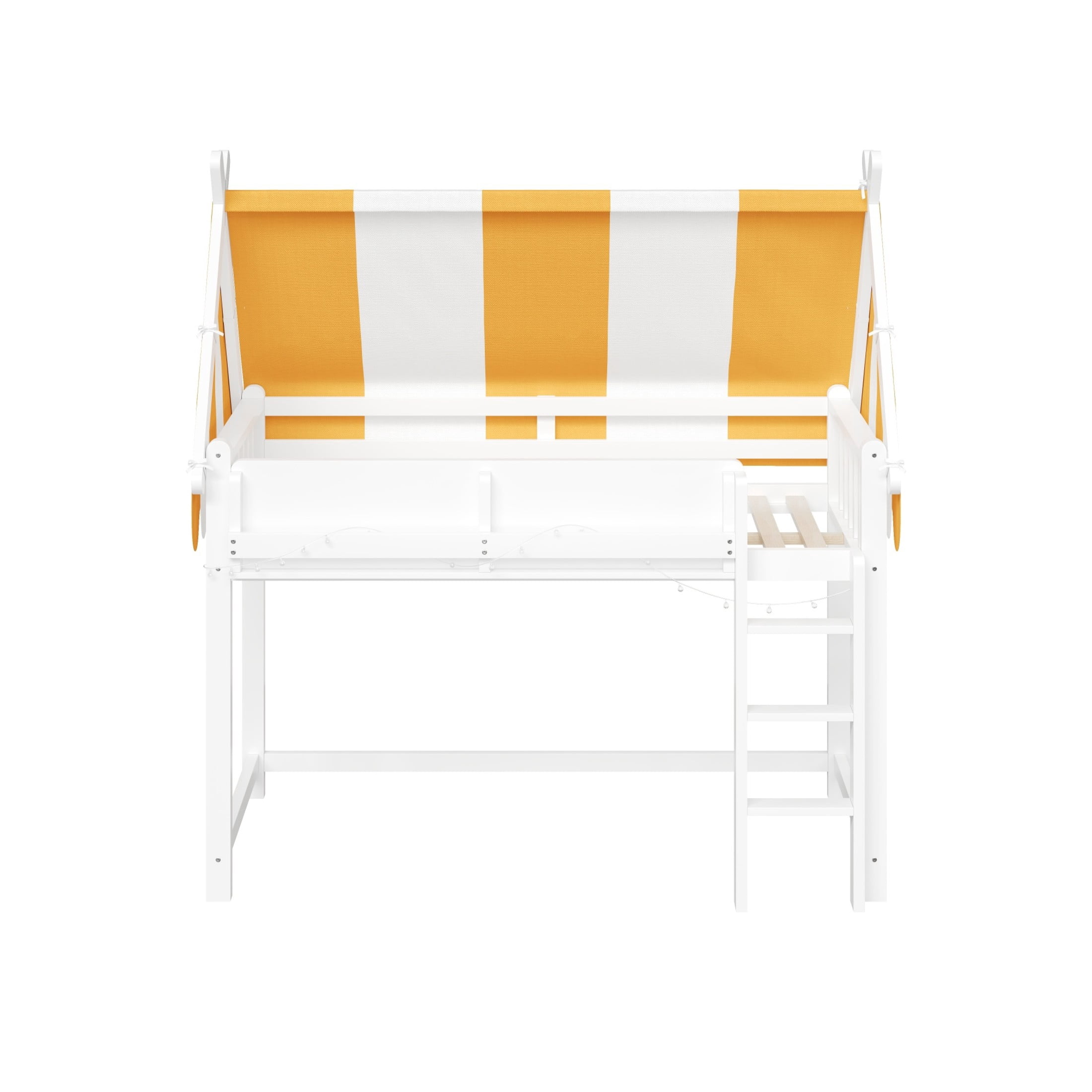 Noble House Sidney Twin Size Loft Bed with Canopy and LED Lights, Wood Loft Bed with Bookshelf, Playful Design, White