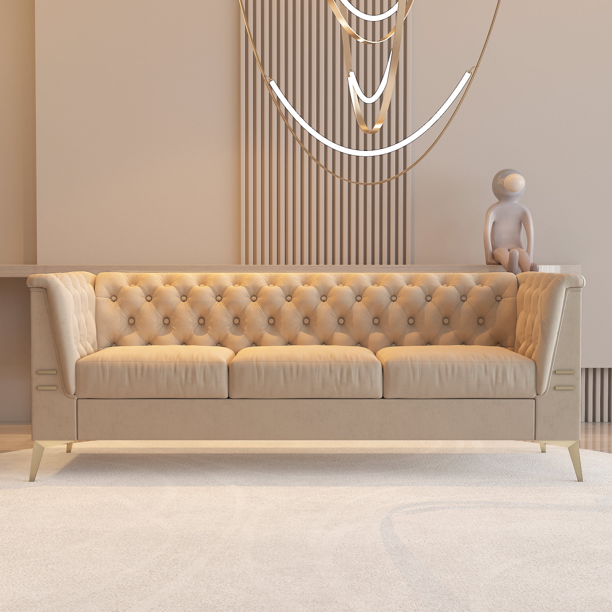 Resenkos 83" Mid-Century Modern Tufted Velvet Couch Extra-Deep Down-Filled Sofa in Khaki