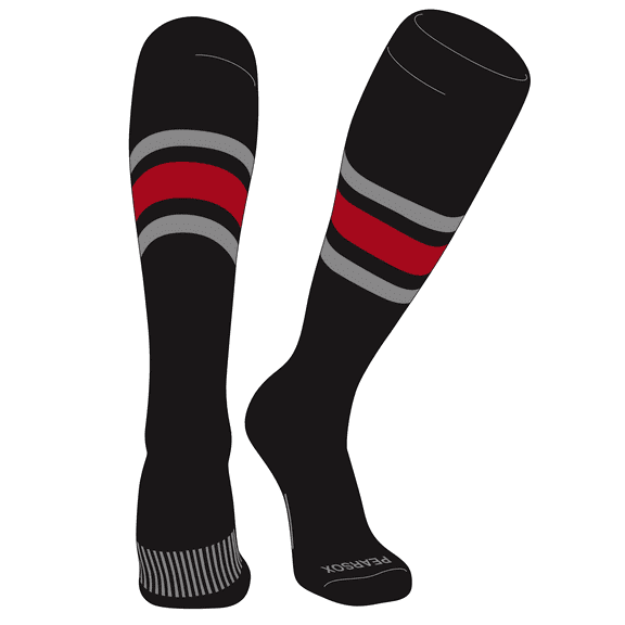 PEAR SOX Striped OTC Baseball, Softball, Football Socks (B) Black, Silver, Red (XS)