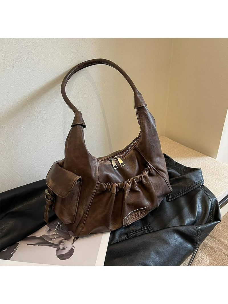 JUYGO Hobo Bag Washed Leather Tote Bag Retro Crescent