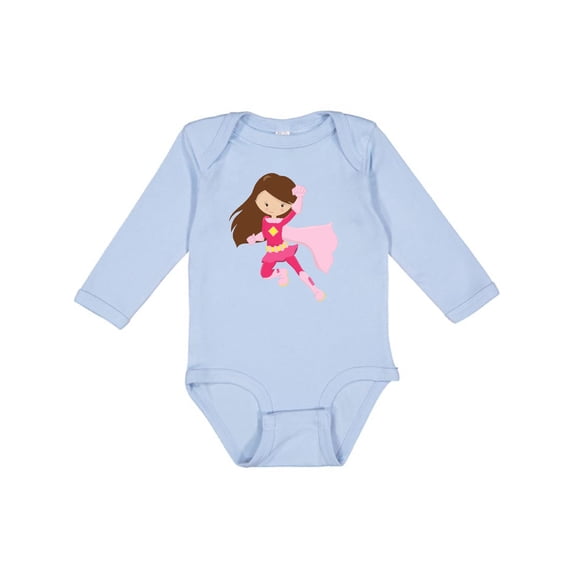 Inktastic Superhero Girl, Cute Girl, Brown Hair, Pink Cape Girls Long Sleeve Baby Bodysuit