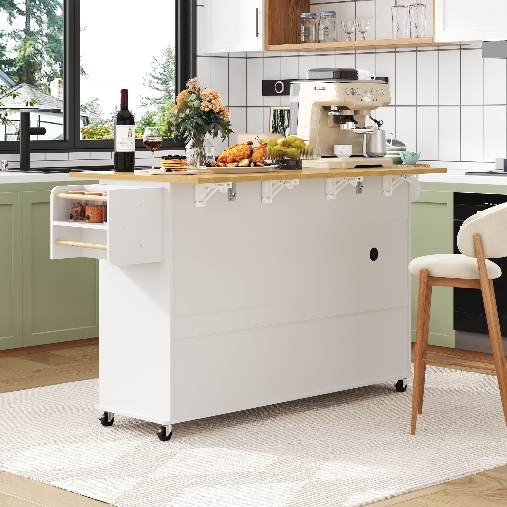 ANPOO Rolling Large Kitchen Island Cart with Sliding Drop Leaf, Trash Can Storage & Power Outlet, 7 Spice Racks, 63" White
