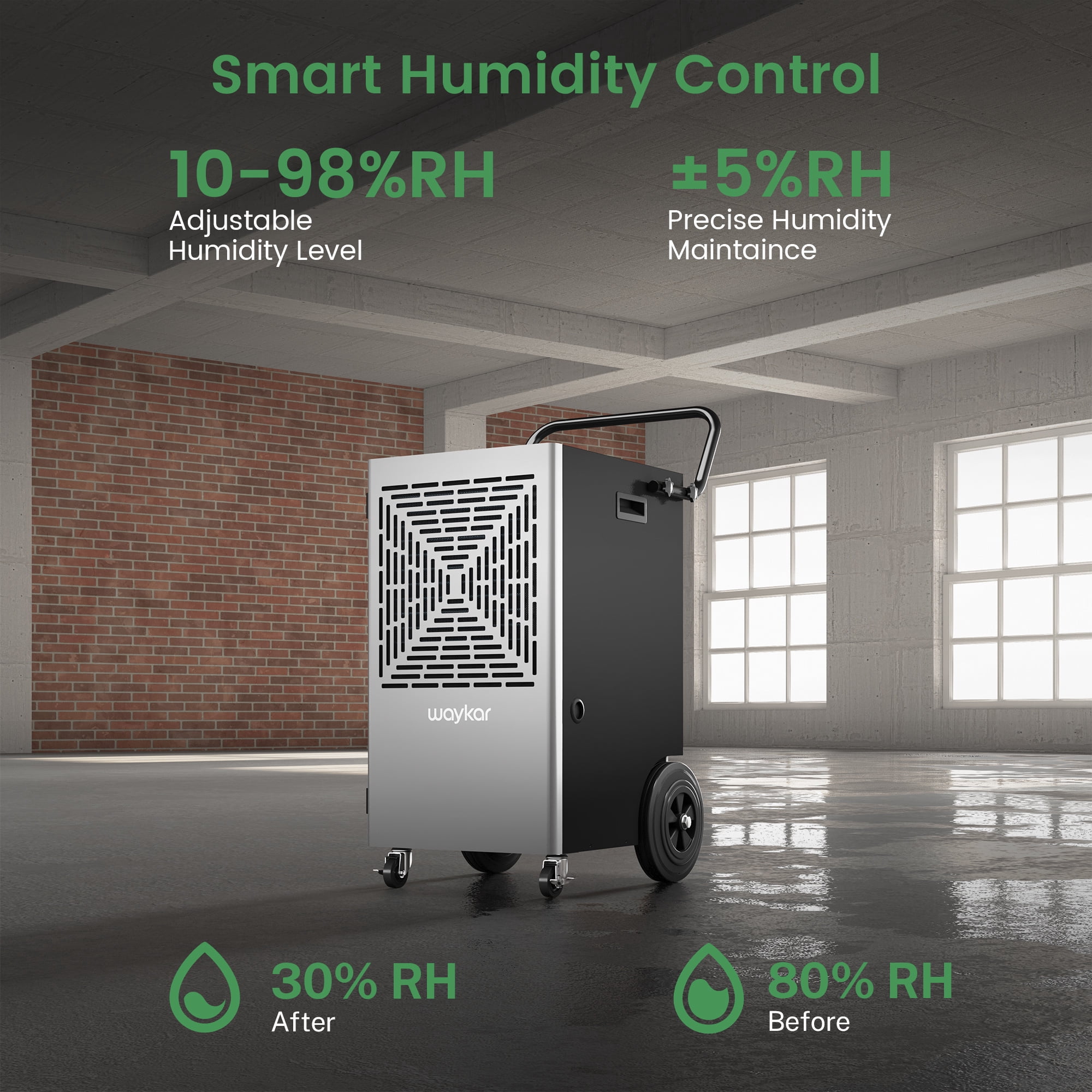 Waykar 155 Pints Commercial Dehumidifier for Large Spaces up to 7500 Sq.Ft with Pump, Smart Humidity Control, Auto Defrost, 24H Timer - for Basements, Warehouses, Home, Office