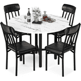 AWQM 4 People Round Table Set, Wooden Dining Room Round Table and Chairs Set with Metal Frame with 4 PU Upholstered Chairs for Kitchen, Apartment, Dining Room, White