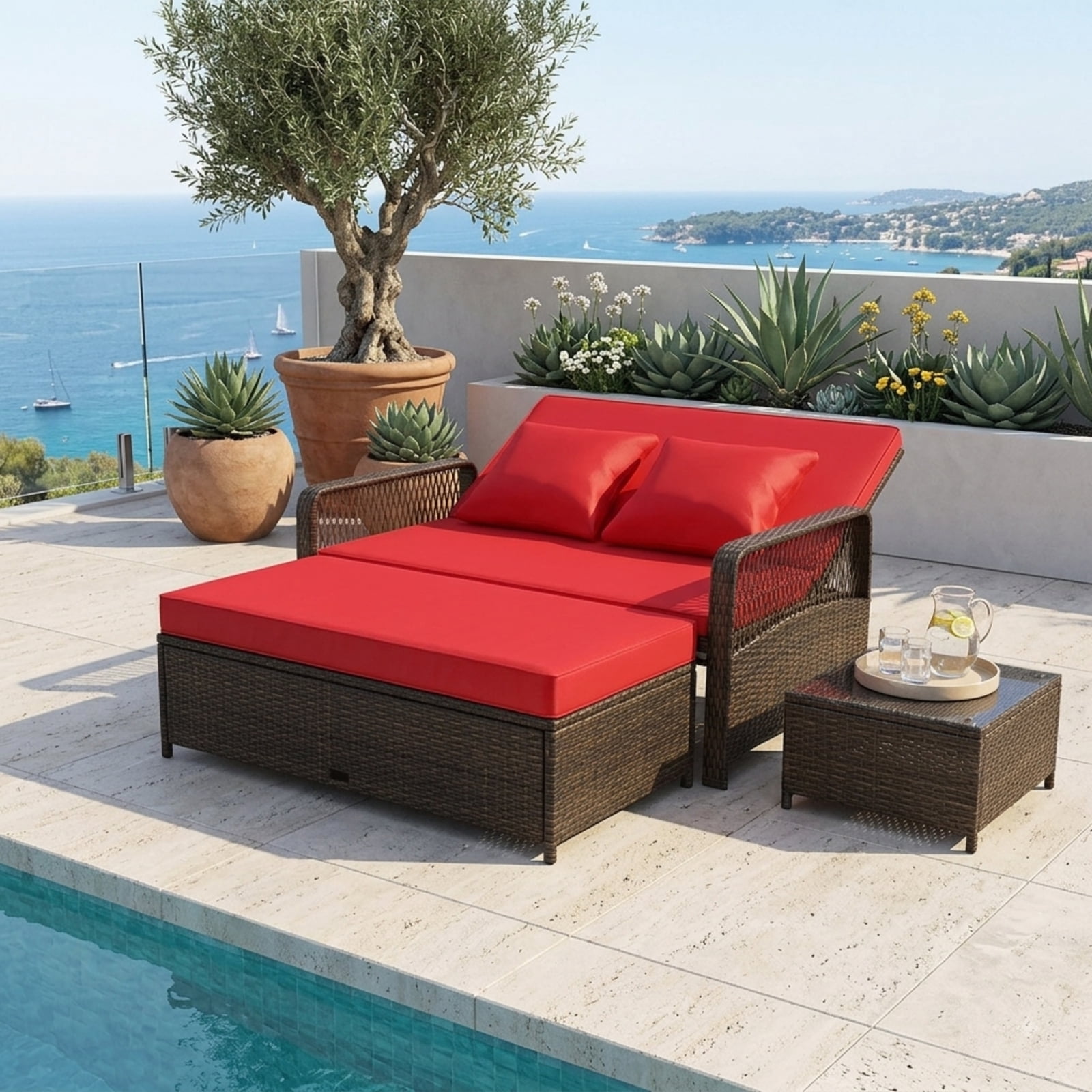 Furnibear Red Patio Wicker Daybed, 4-Position Reclining PE Rattan Loveseat with Storage Ottoman, Convertible Outdoor Sofa for Poolside, 800 LBS