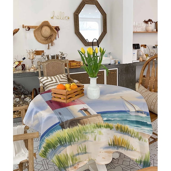 Beach Lighthouse Tablecloth Square Table Cloth 54x54, Waterproof Tablecloth Outdoor Table Cloth, Coastal Ocean Ship Sky Oil Painting Washable Table Cover for Kitchen Dining Party