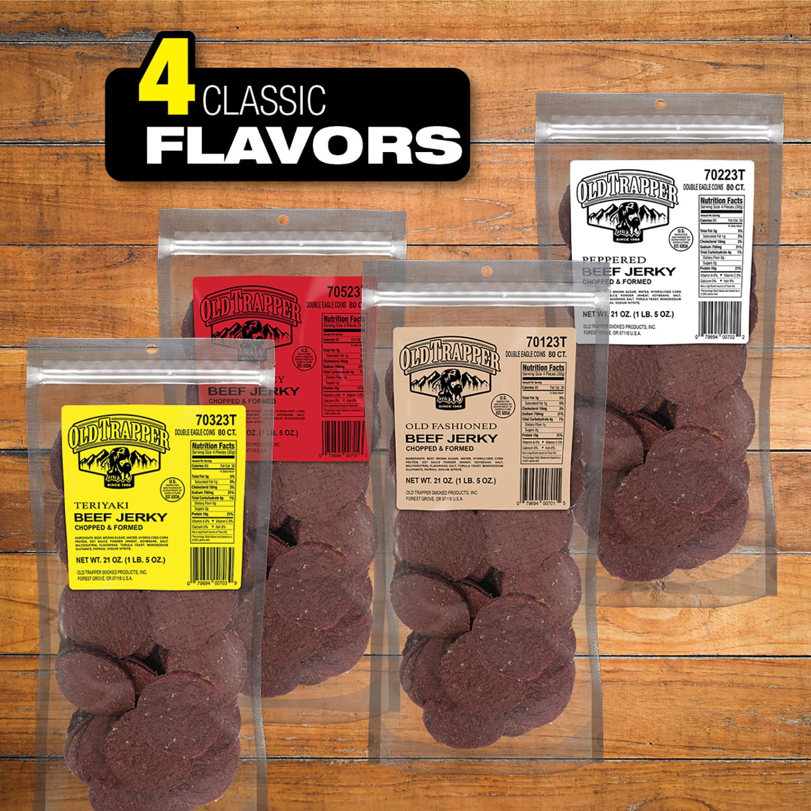 Old Trapper Double Eagle MFF30 Beef Jerky, Teriyaki Flavor, 21-Ounce Package, Natural Wood Smoked Meat Snacks, 10 Grams of Protein and 80 Calories per Serving (Pack of One)